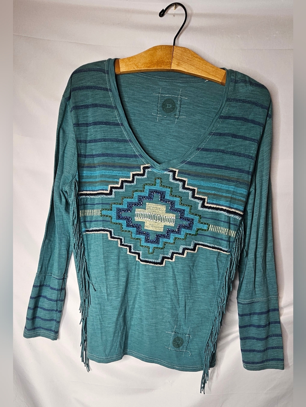 Double D Ranchwear Top S Small Blue Beaded Embroidered Fringe Southwestern Shirt
